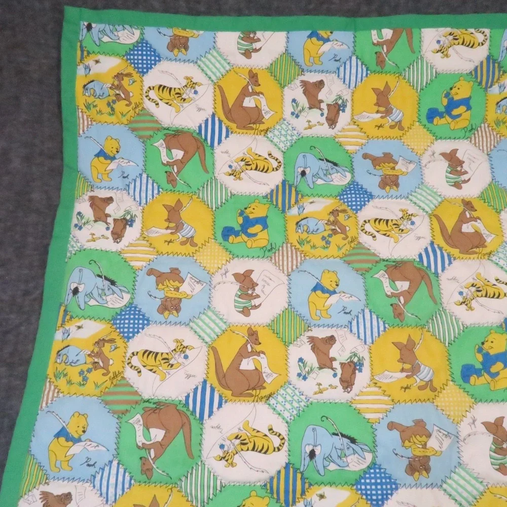 Winnie the Pooh Hexagon Patchwork Quilt Blanket 52x43 Green Nursery Crib Vtg 70s